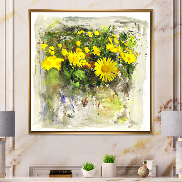 August Grove® Abstract Yellow Flowers Framed On Canvas Painting Wayfair